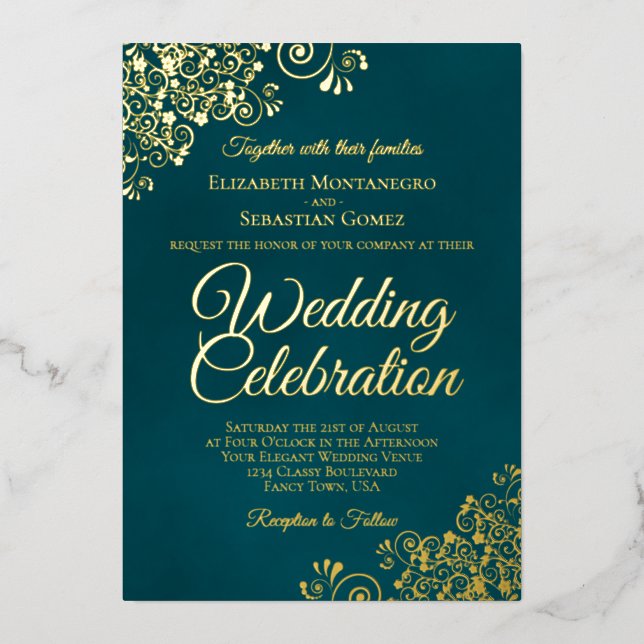 Elegant Golden Curls & Swirls Dark Teal Wedding Foil Invitation (Front)
