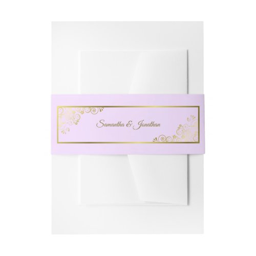 Elegant Golden Curls  Swirls Lilac Purple Wedding Invitation Belly Band