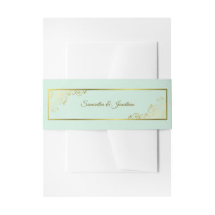 Elegant Golden Curls & Swirls Mint Green Wedding Invitation Belly Band