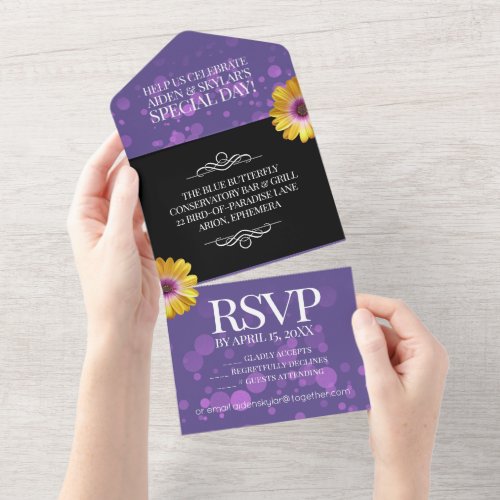 Elegant Golden Daisies with Purple Glitter Wedding All In One Invitation