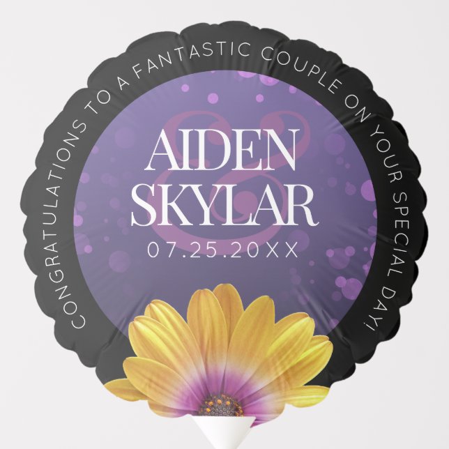 Elegant Golden Daisies with Purple Glitter Wedding Balloon (Front)