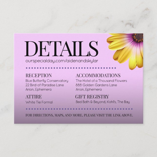 Elegant Golden Daisies with Purple Glitter Wedding Enclosure Card (Front)
