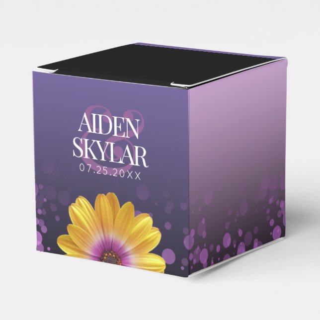 Elegant Golden Daisies with Purple Glitter Wedding Favor Boxes (Front Side)
