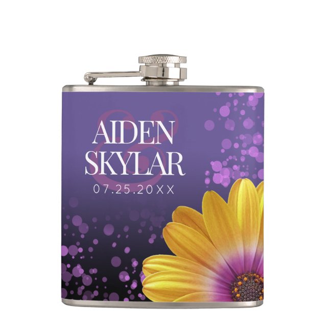 Elegant Golden Daisies with Purple Glitter Wedding Flask (Front)