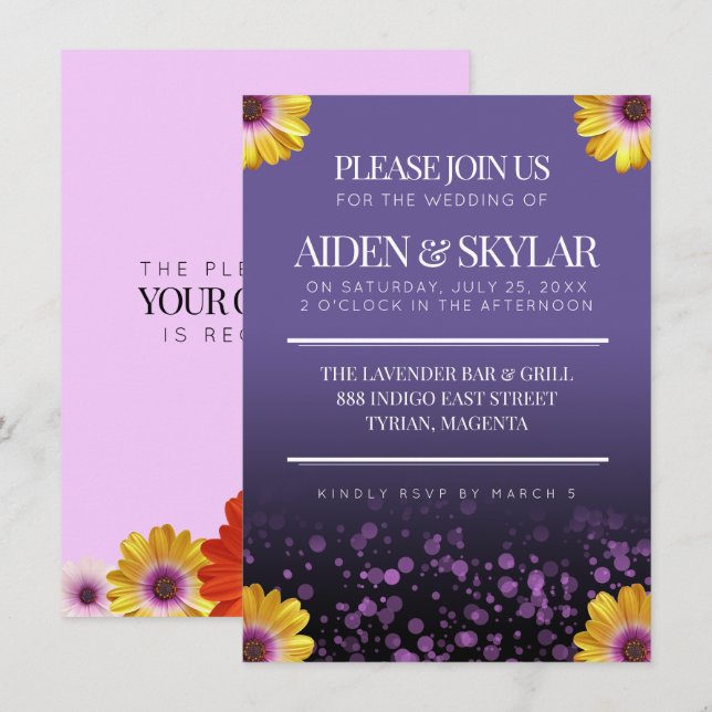 Elegant Golden Daisies with Purple Glitter Wedding Invitation (Front/Back)