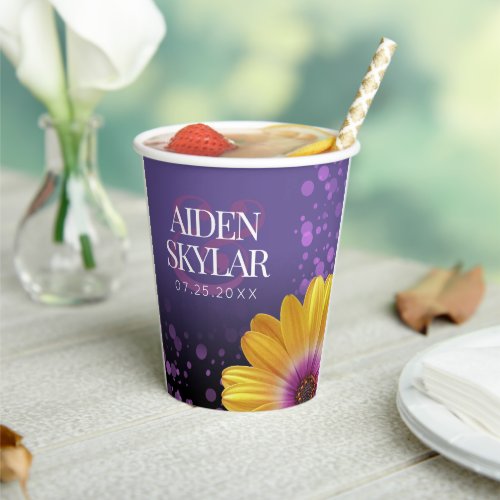 Elegant Golden Daisies with Purple Glitter Wedding Paper Cups