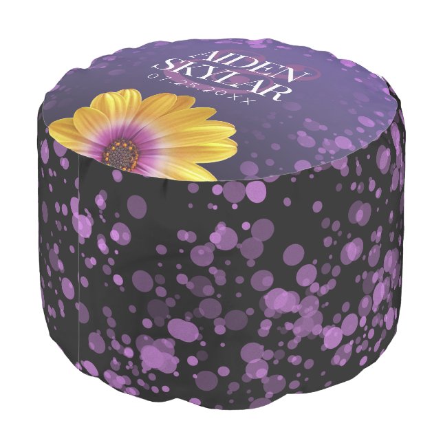 Elegant Golden Daisies with Purple Glitter Wedding Pouf (Angled Back)