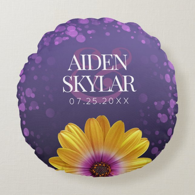 Elegant Golden Daisies with Purple Glitter Wedding Round Pillow (Front)