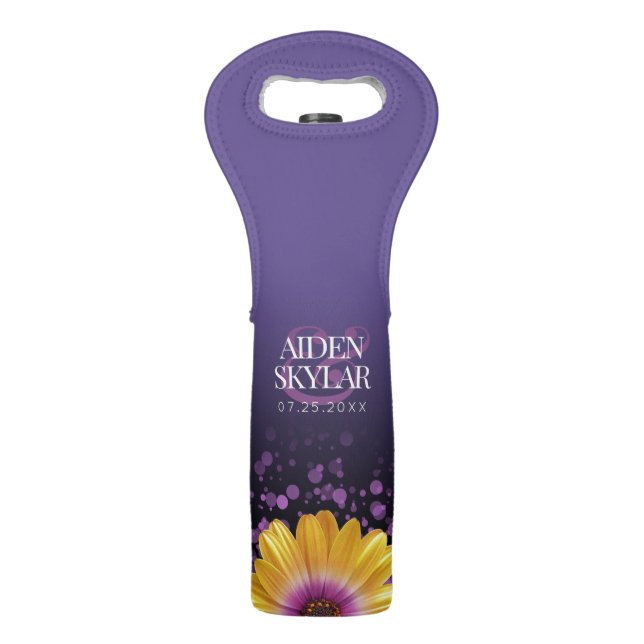 Elegant Golden Daisies with Purple Glitter Wedding Wine Bag (Front)