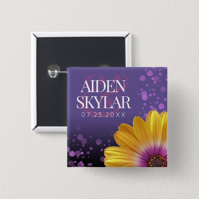 Elegant Golden Daisy with Purple Glitter Wedding Button (Front & Back)