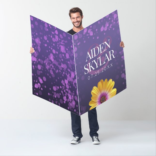 Elegant Golden Daisy with Purple Glitter Wedding Card (In Situ)