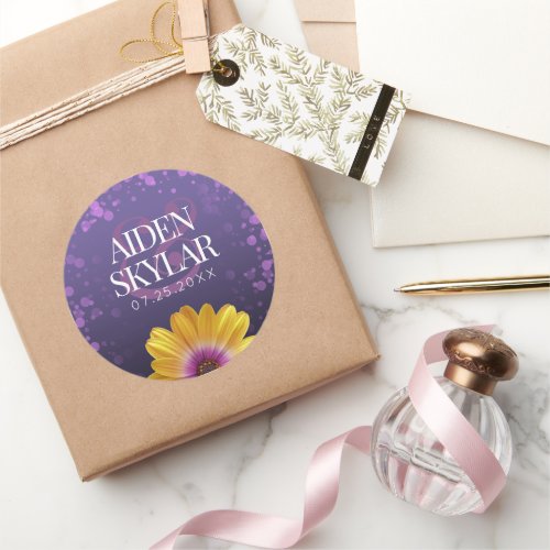 Elegant Golden Daisy with Purple Glitter Wedding Classic Round Sticker