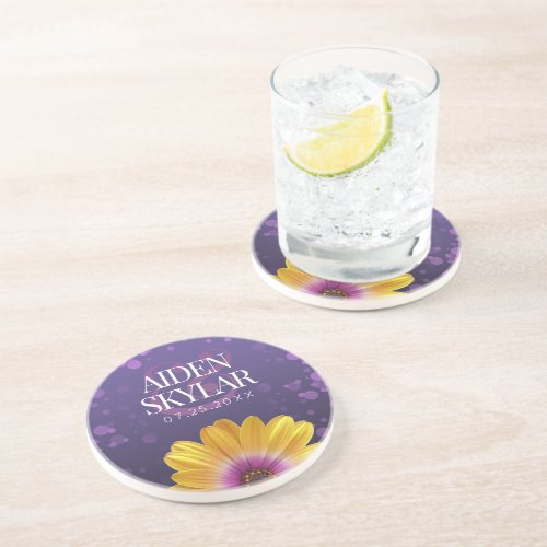 Elegant Golden Daisy with Purple Glitter Wedding Coaster