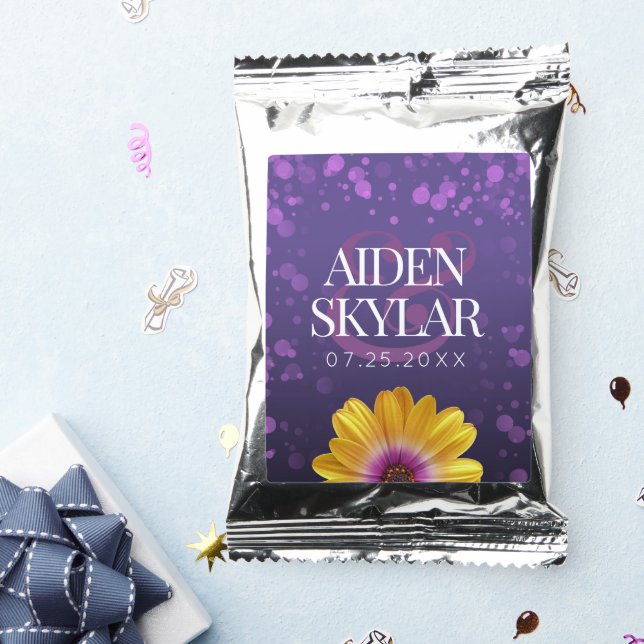 Elegant Golden Daisy with Purple Glitter Wedding Coffee Drink Mix (Packets)
