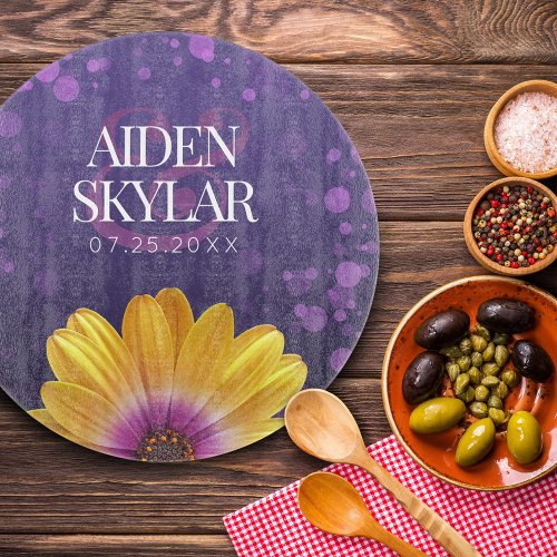 Elegant Golden Daisy with Purple Glitter Wedding Cutting Board