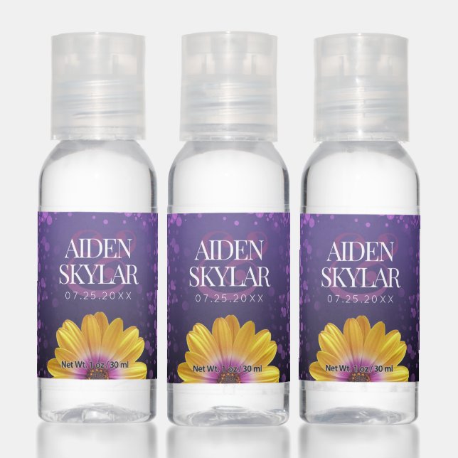 Elegant Golden Daisy with Purple Glitter Wedding Hand Sanitizer (Set)