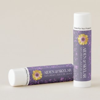 Elegant Golden Daisy with Purple Glitter Wedding Lip Balm