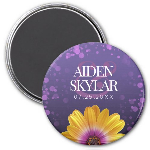Elegant Golden Daisy with Purple Glitter Wedding Magnet