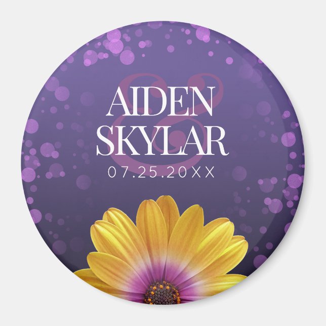 Elegant Golden Daisy with Purple Glitter Wedding Magnet (Front)
