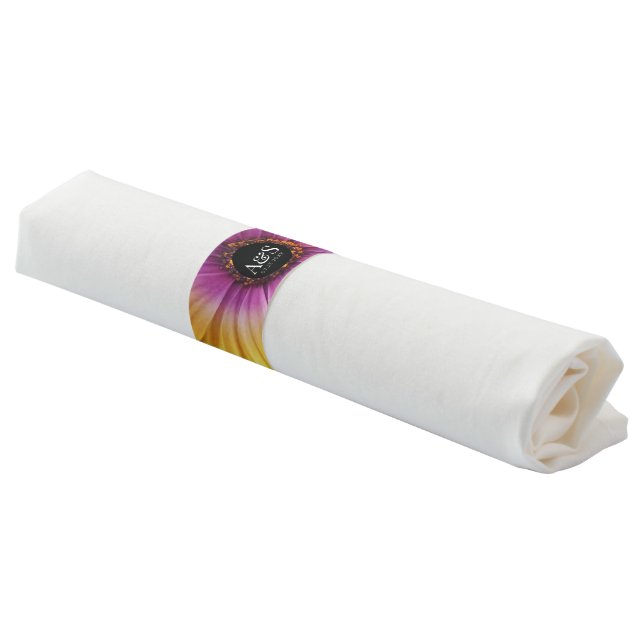 Elegant Golden Daisy with Purple Glitter Wedding Napkin Bands (Angled)