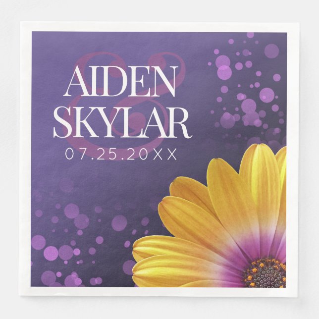 Elegant Golden Daisy with Purple Glitter Wedding Paper Dinner Napkins (Front)