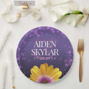 Elegant Golden Daisy with Purple Glitter Wedding Paper Plates