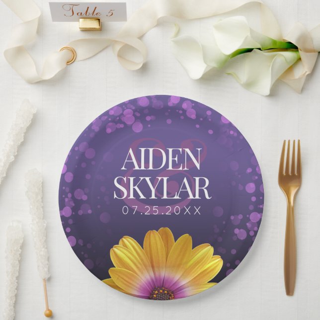 Elegant Golden Daisy with Purple Glitter Wedding Paper Plates (Wedding)