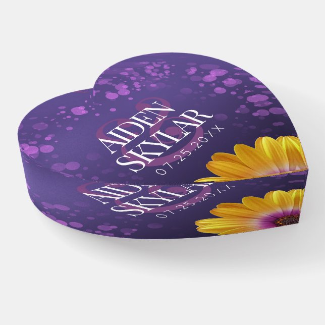 Elegant Golden Daisy with Purple Glitter Wedding Paperweight (Angled)
