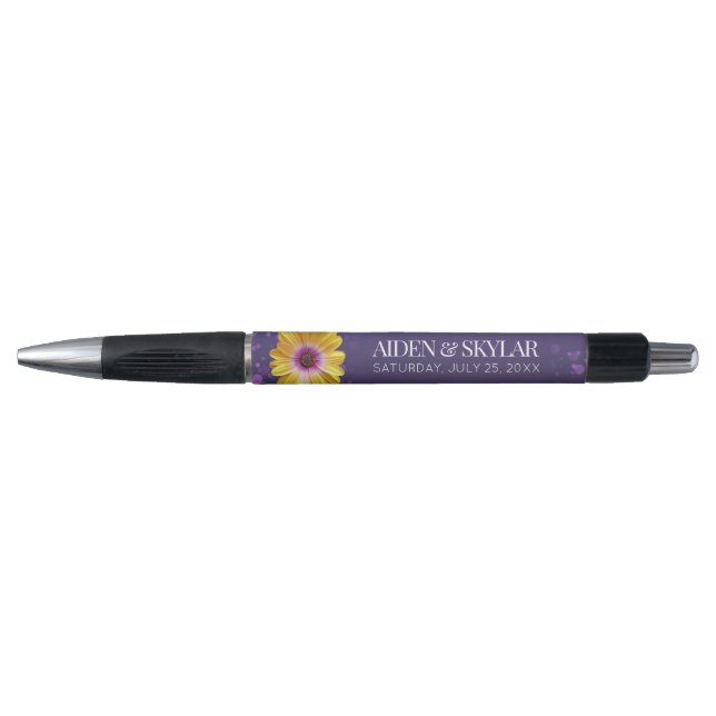 Elegant Golden Daisy with Purple Glitter Wedding Pen (Front)