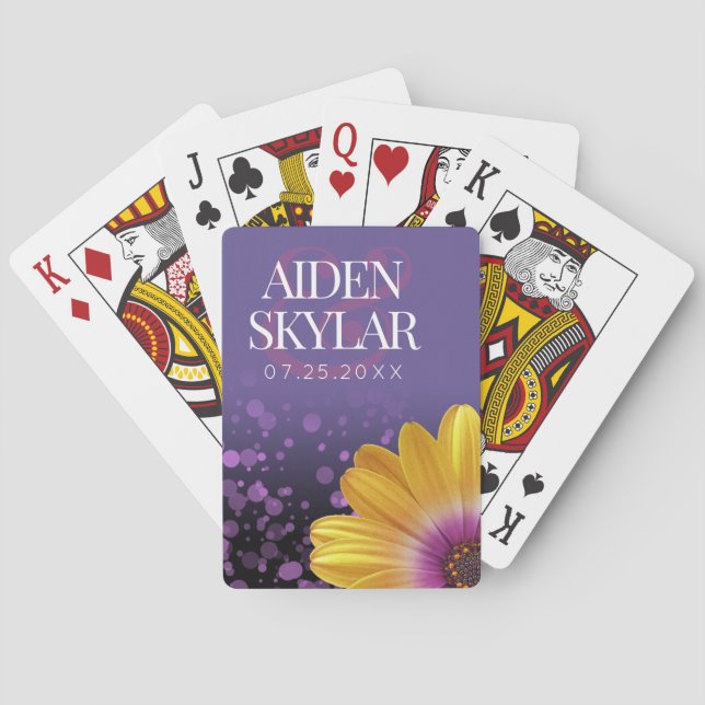 Elegant Golden Daisy with Purple Glitter Wedding Poker Cards (Back)