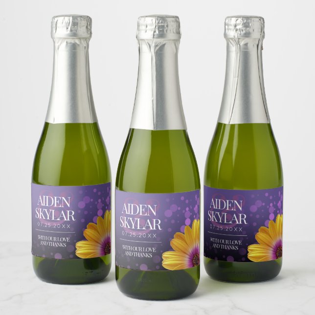 Elegant Golden Daisy with Purple Glitter Wedding Sparkling Wine Label (Bottles)