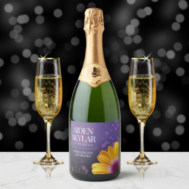 Elegant Golden Daisy with Purple Glitter Wedding Sparkling Wine Label (Creator Uploaded)