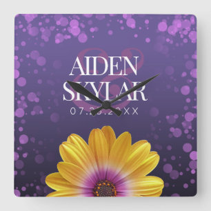 Elegant Golden Daisy with Purple Glitter Wedding Square Wall Clock
