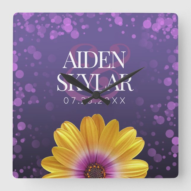 Elegant Golden Daisy with Purple Glitter Wedding Square Wall Clock (Front)