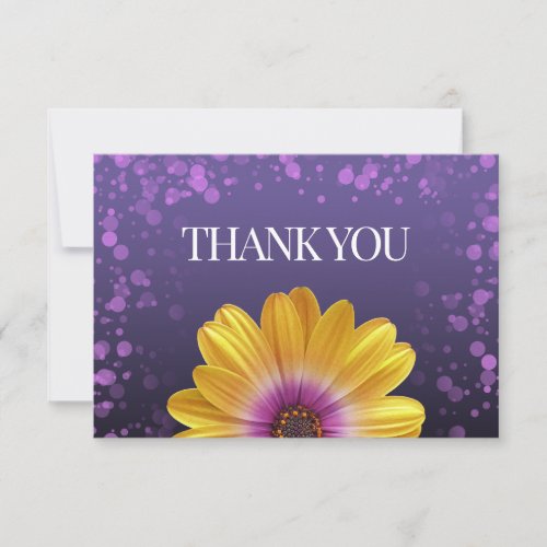 Elegant Golden Daisy with Purple Glitter Wedding Thank You Card