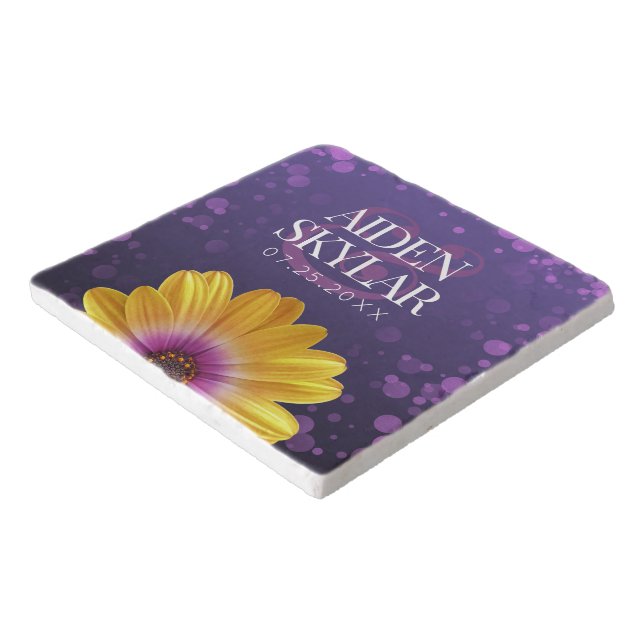 Elegant Golden Daisy with Purple Glitter Wedding Trivet (Corner)