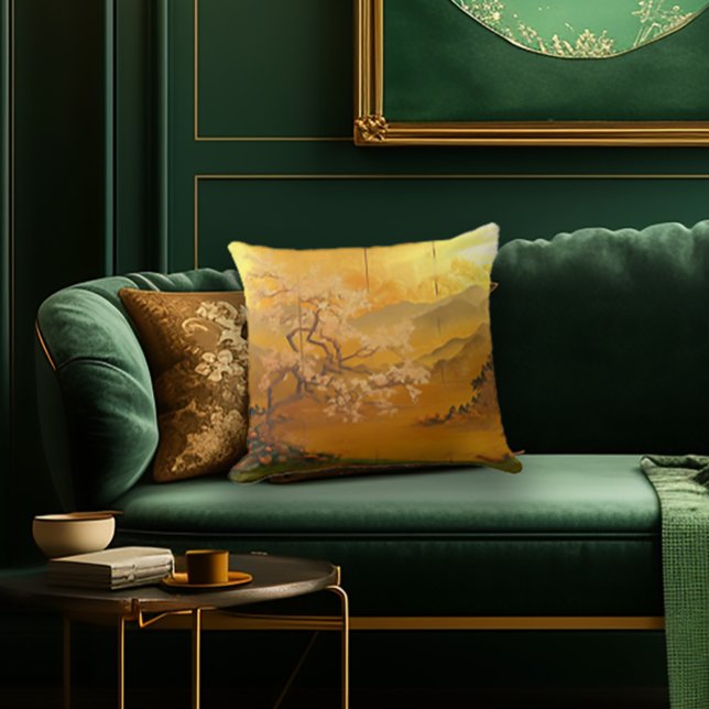 Elegant 'Golden Dawn' Ancient Asia Inspired  Throw Pillow (Stylish Edo-Japan Era Cherry Blossom Decorative Asian Throw Pillow)