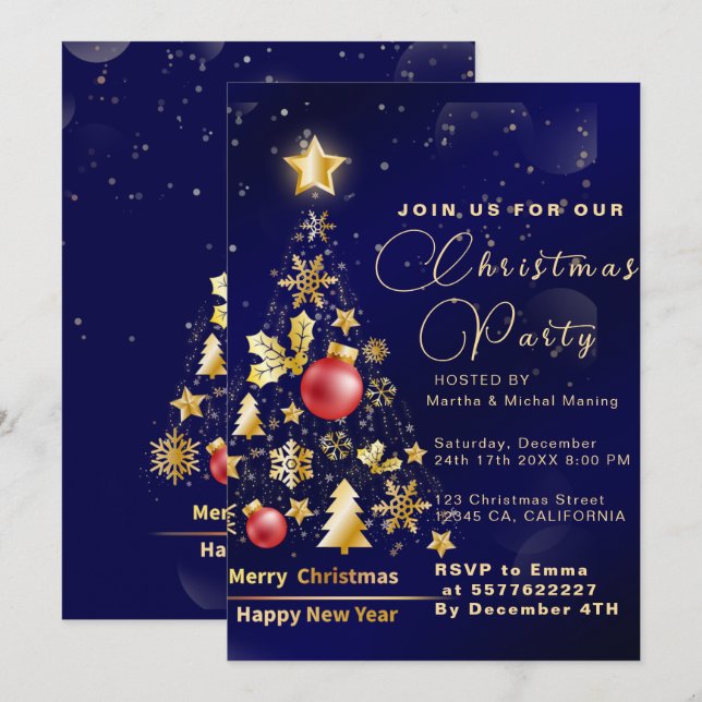 Elegant Golden Decorations and Glitter Christmas  Invitation (Front/Back)