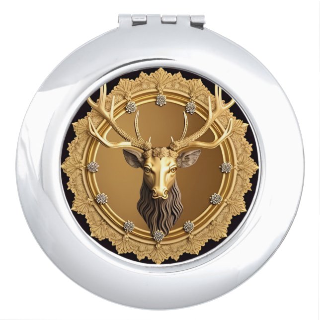 Elegant Golden Deer Emblem with Ornate Frame Compact Mirror (Front)