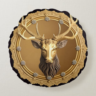 Elegant Golden Deer Emblem with Ornate Frame Round Pillow