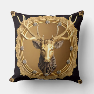 Elegant Golden Deer Emblem with Ornate Frame Throw Pillow
