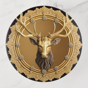Elegant Golden Deer Emblem with Ornate Frame Trinket Tray