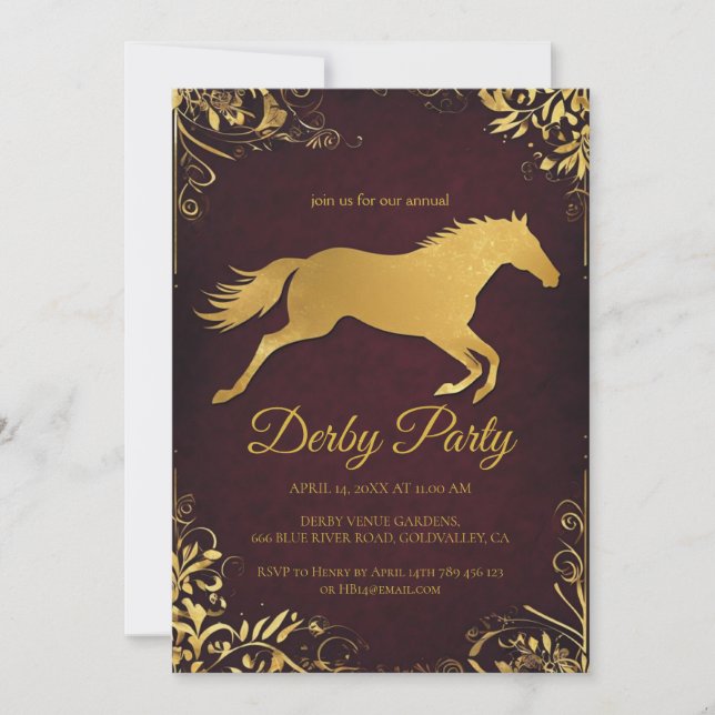 Elegant Golden Derby Party Invitation with Horse D (Front)