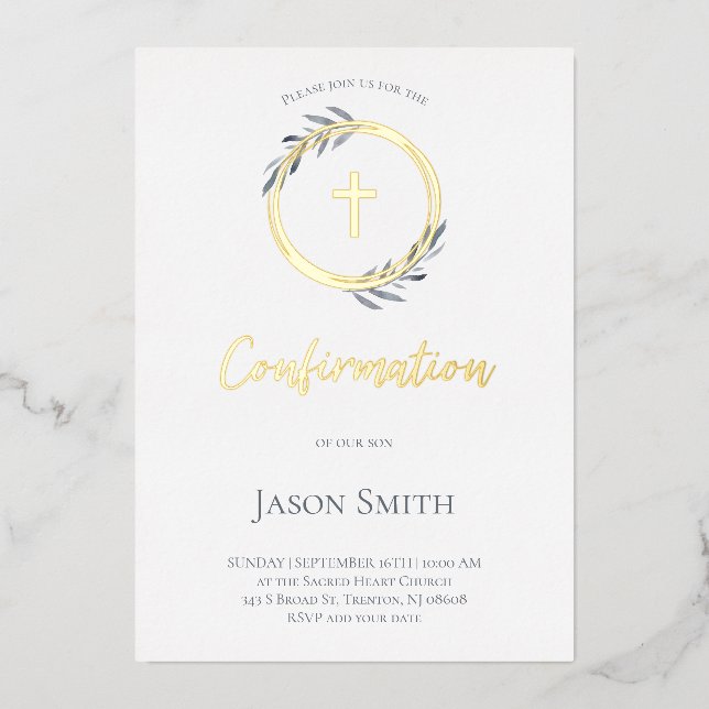 elegant golden details Confirmation Foil Invitation (Front)
