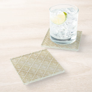 Elegant golden diamond palm art deco design glass coaster