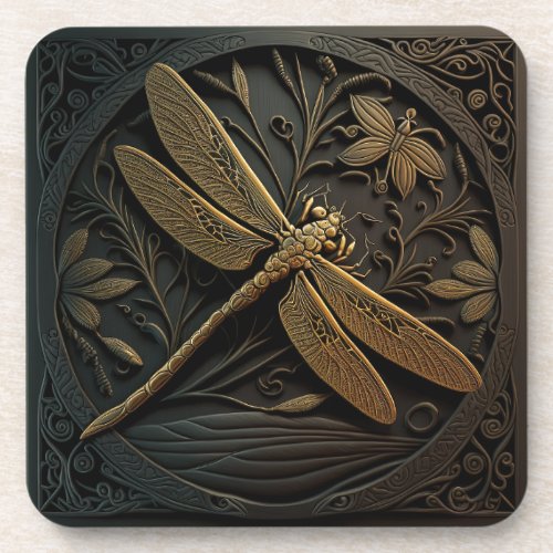 Elegant Golden Dragonfly in Bronze Filigree Beverage Coaster