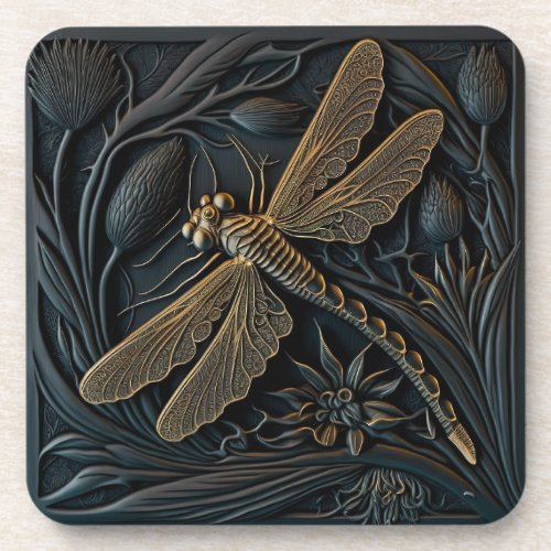 Elegant Golden Dragonfly in Bronze Filigree Beverage Coaster