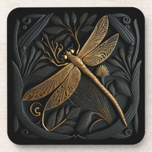 Elegant Golden Dragonfly in Bronze Filigree Beverage Coaster