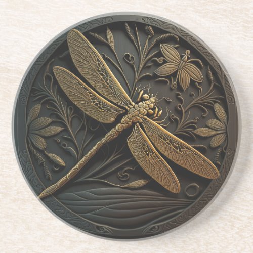 Elegant Golden Dragonfly in Bronze Filigree Coaster