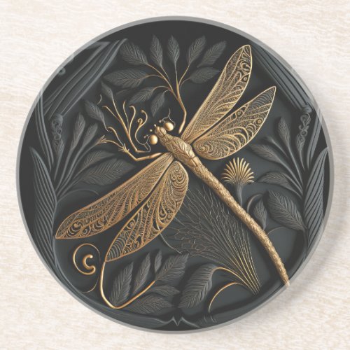 Elegant Golden Dragonfly in Bronze Filigree Coaster